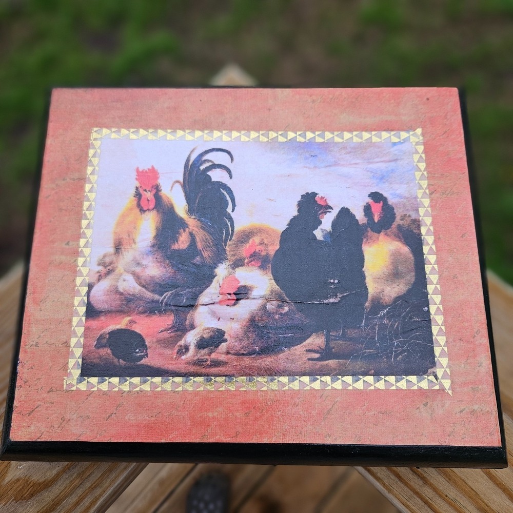 Vintage Wooden Keepsake Box Rooster Chicken Farm Decor Decoupage Trinket Box